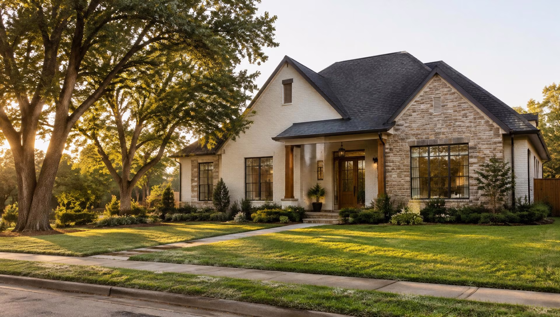 Welcoming American home with a green lawn and warm evening light